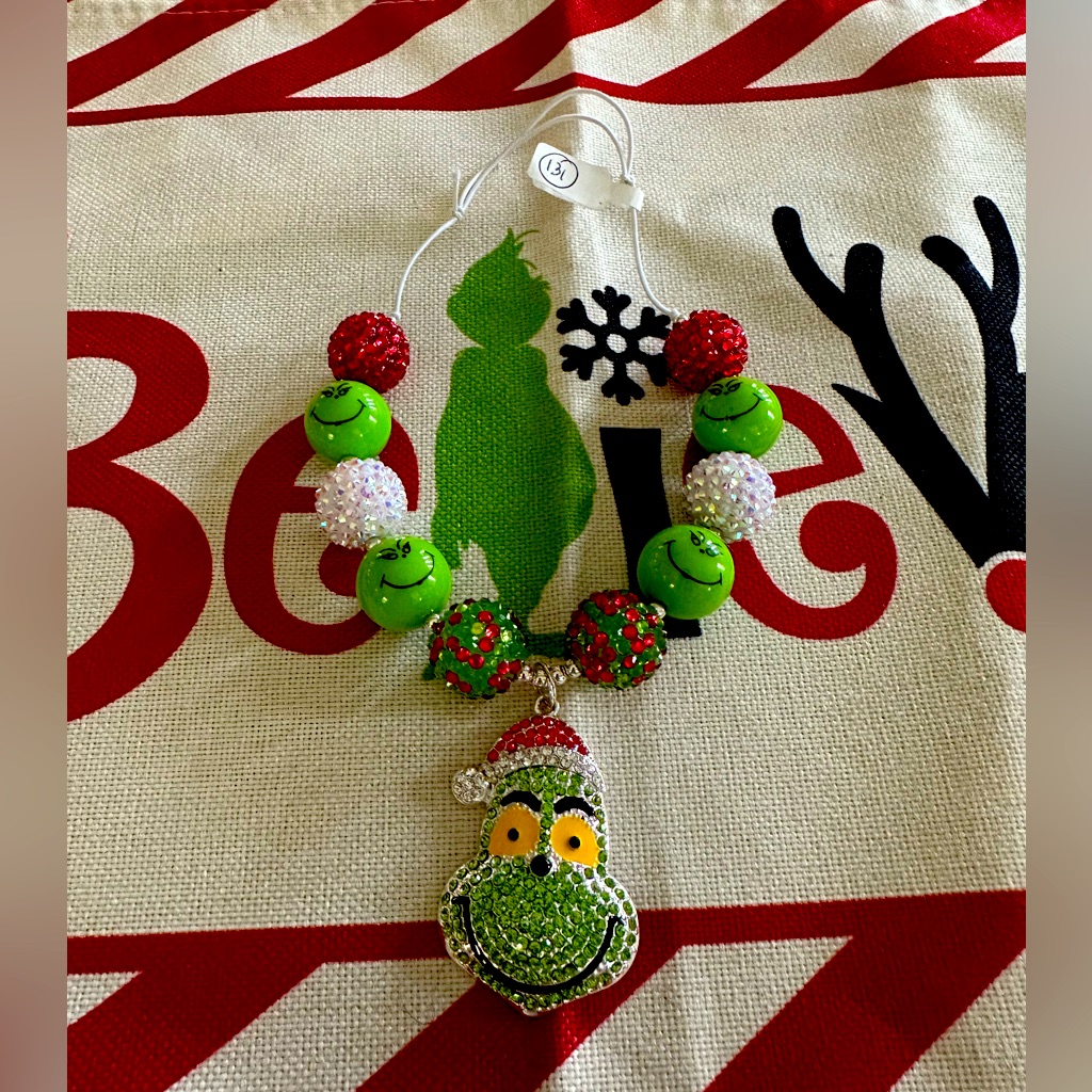 Handmade Grinch Christmas Pendant Bubblegum Necklace